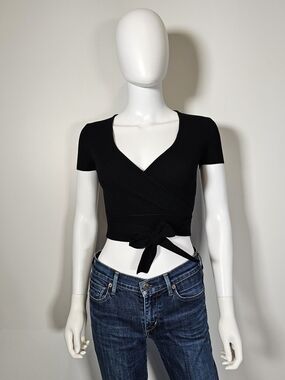 Little Moon Black Wrap Tie-Front Crop Top Sz XS